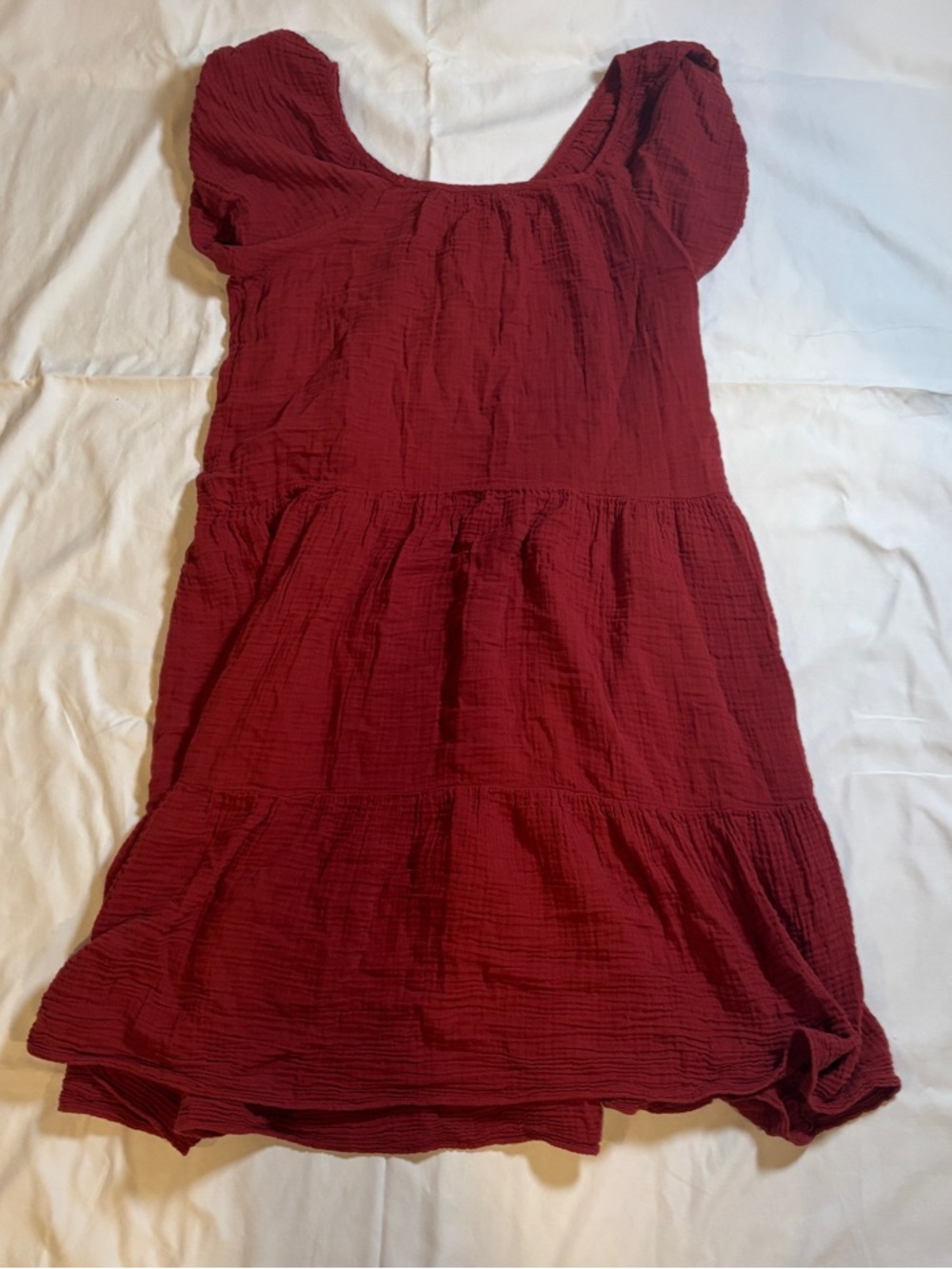 Girls' Burgundy Tiered Puff-Sleeve Casual Dress